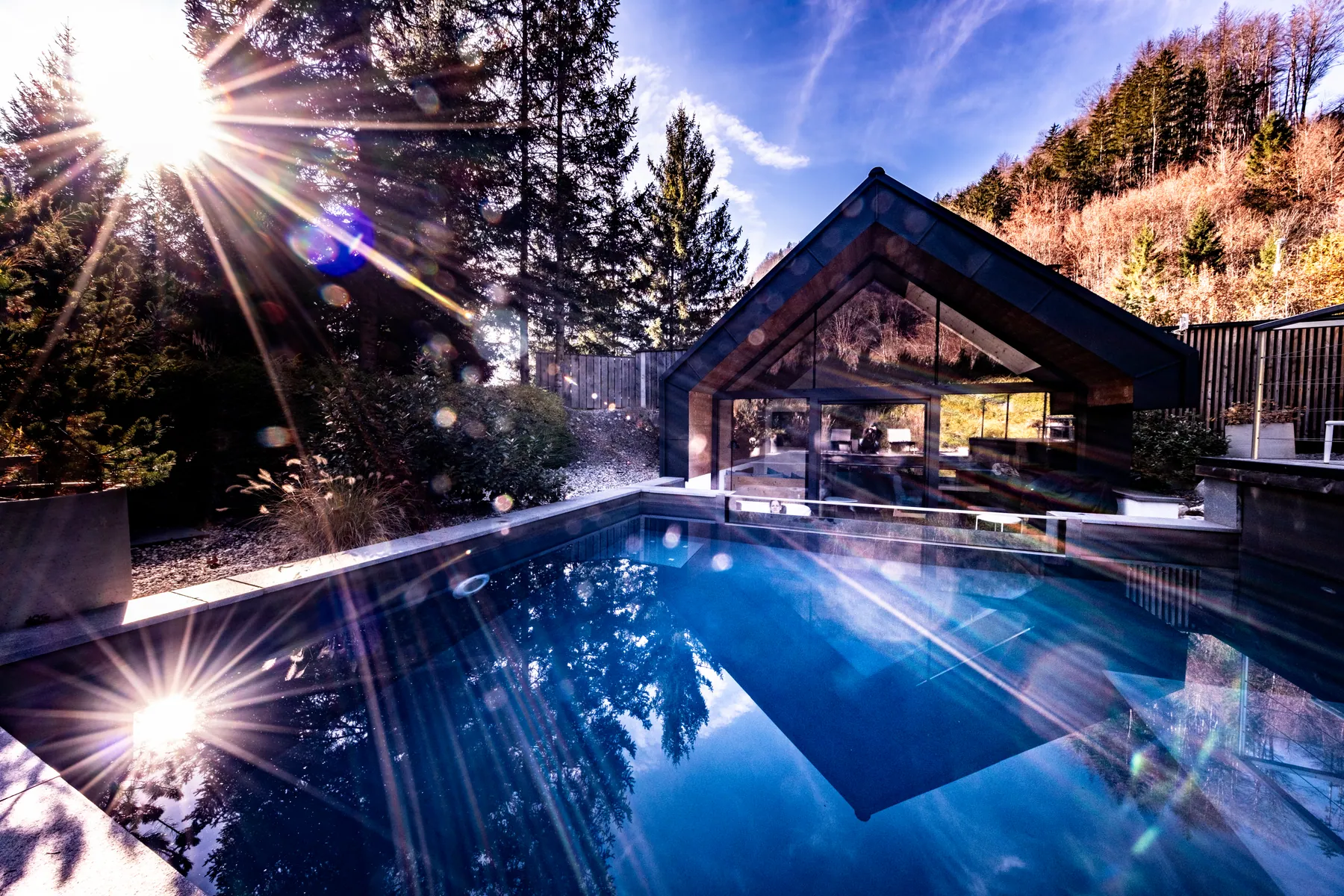 Naturpool und Haus Eisvogel bei Nacht